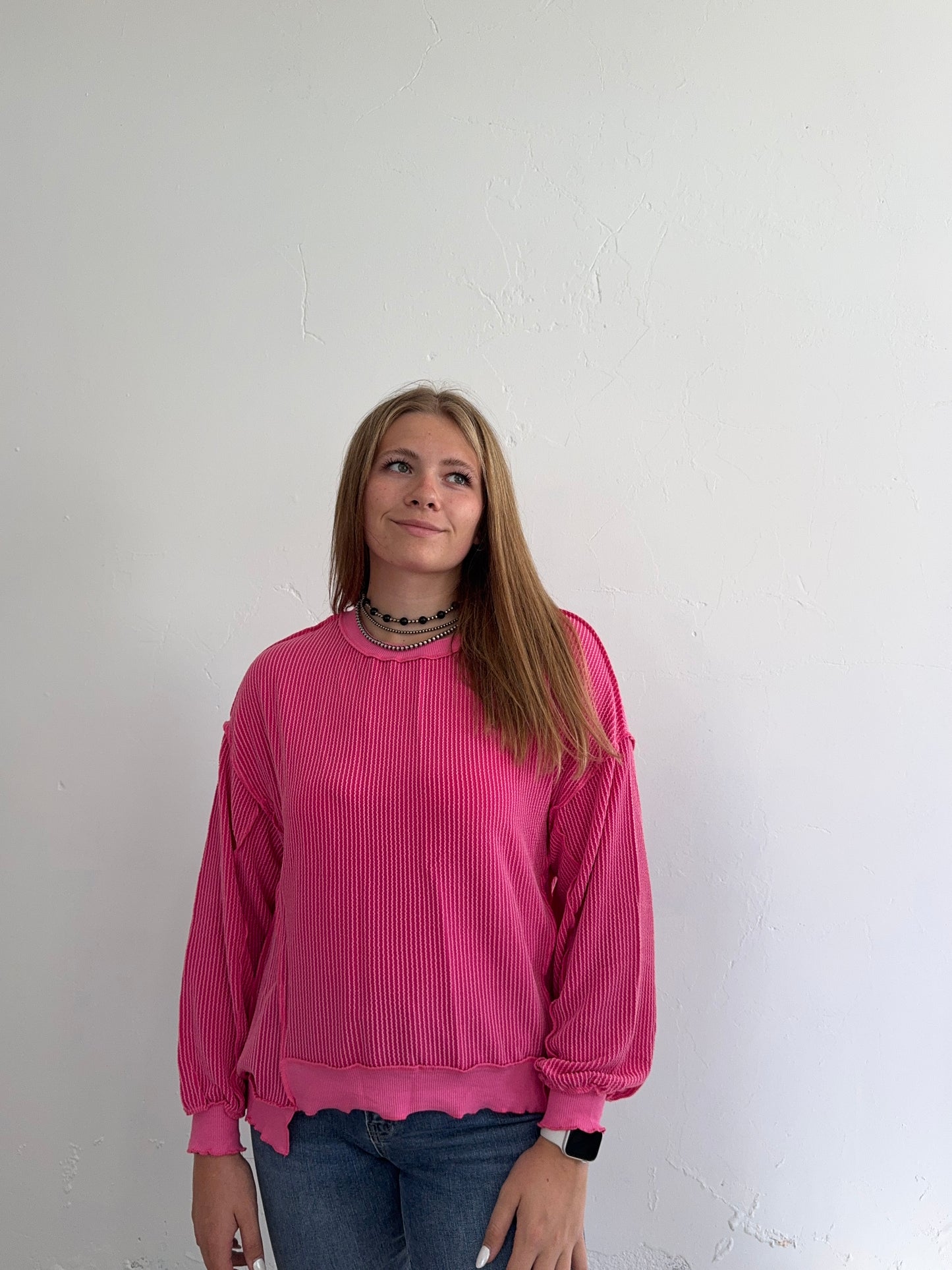 Hot Pink Ribbed Long Sleeve Top