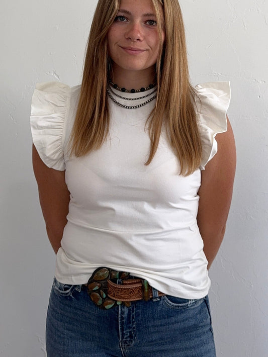 White Ruffle Sleeve Fitted Top