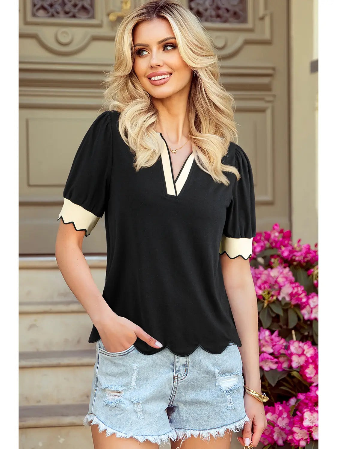 Black and Cream V Neck Puff Sleeve Blouse