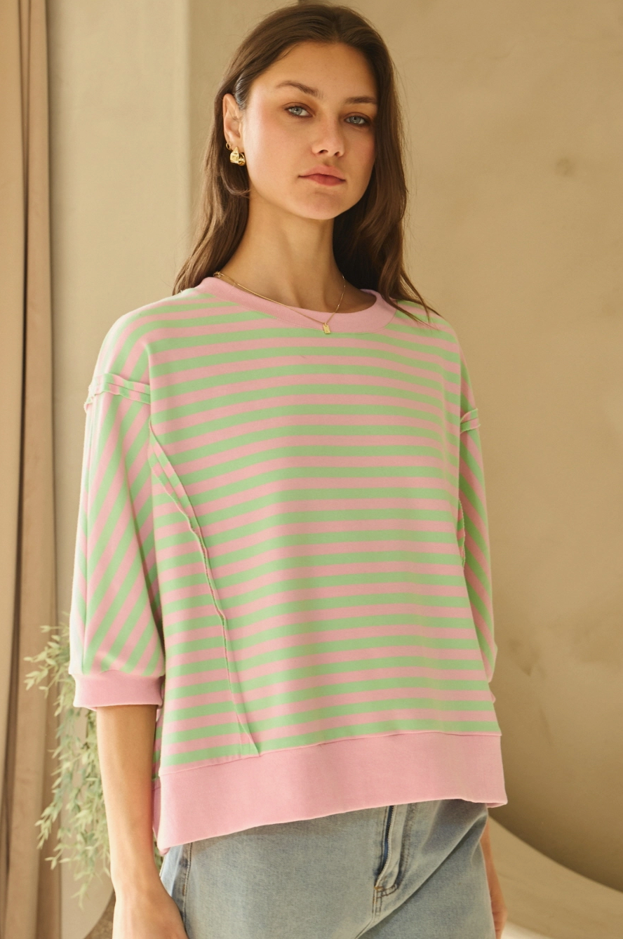 Pink and Green Striped Loose Fit Tee