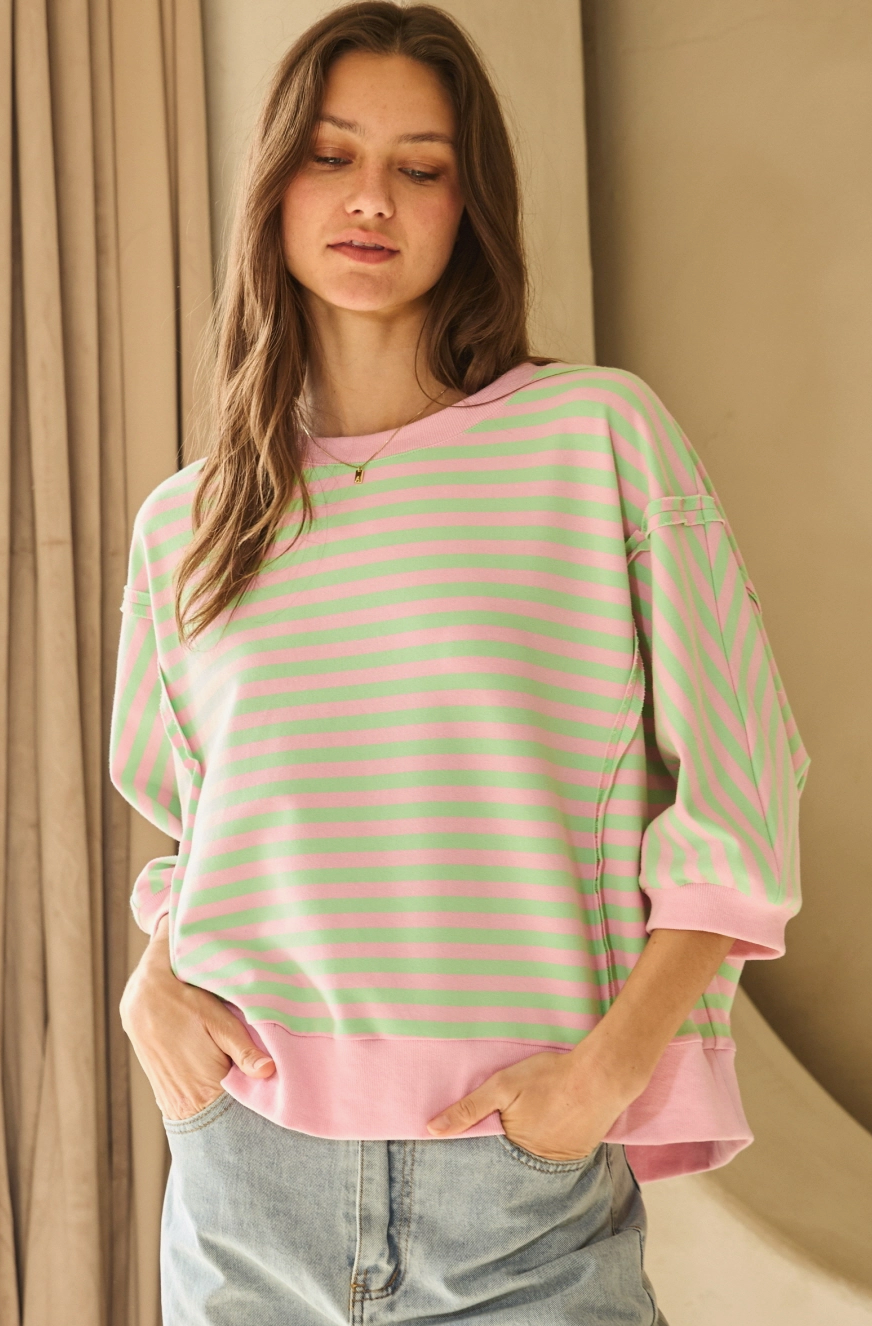Pink and Green Striped Loose Fit Tee