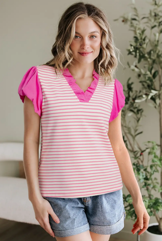 Pink and White Striped V Neck Ruffle Sleeve Top