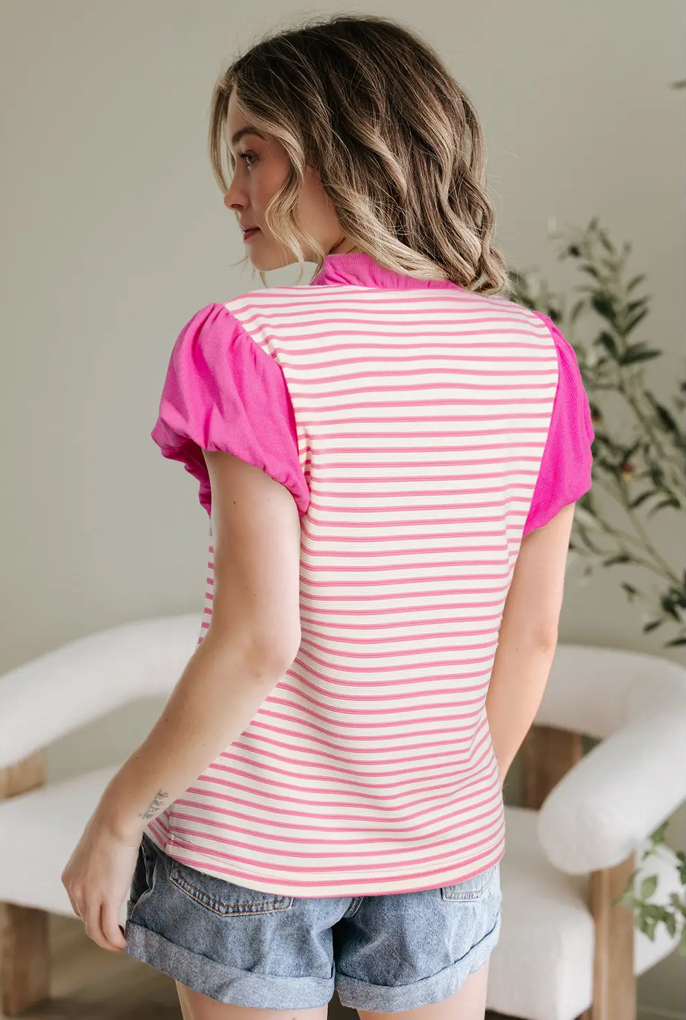 Pink and White Striped V Neck Ruffle Sleeve Top