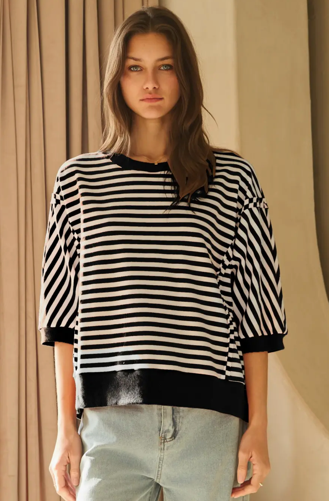 Black and White Striped Half Sleeve Top