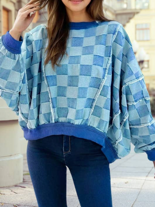 Blue Denim Checkered Crewneck Sweatshirt