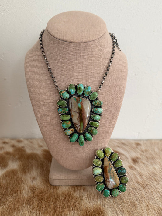 ELLA PETER Sonoran Gold and Royston Ribbon Turquoise Cluster Necklace and Size 6 Ring Set