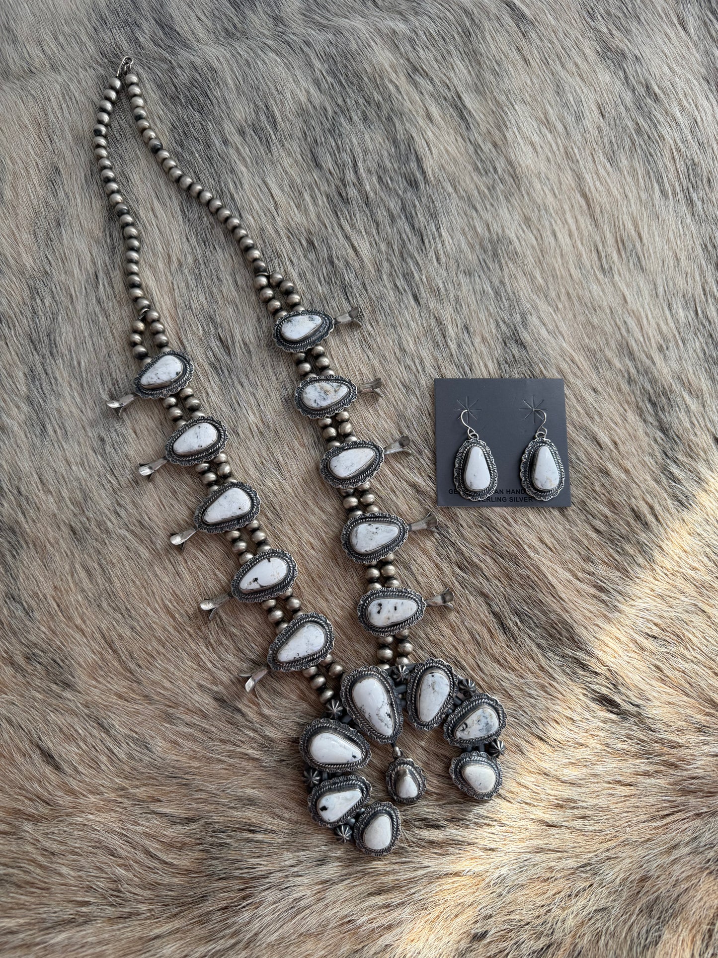 White Buffalo Squash Blossom Necklace with Earrings