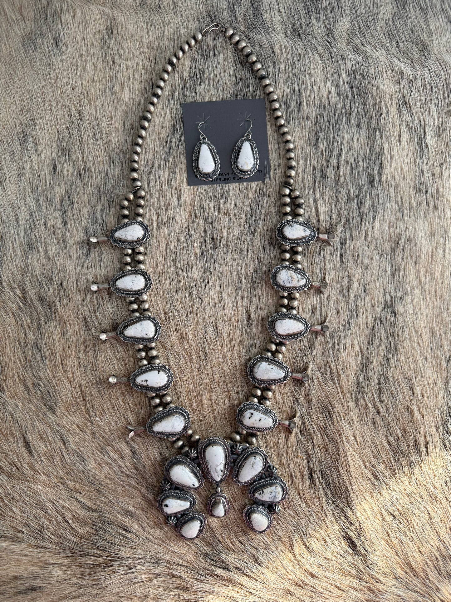 White Buffalo Squash Blossom Necklace with Earrings