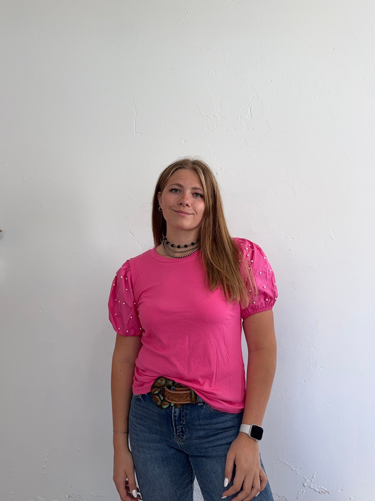 Hot Pink Beaded Puff Sleeve Top