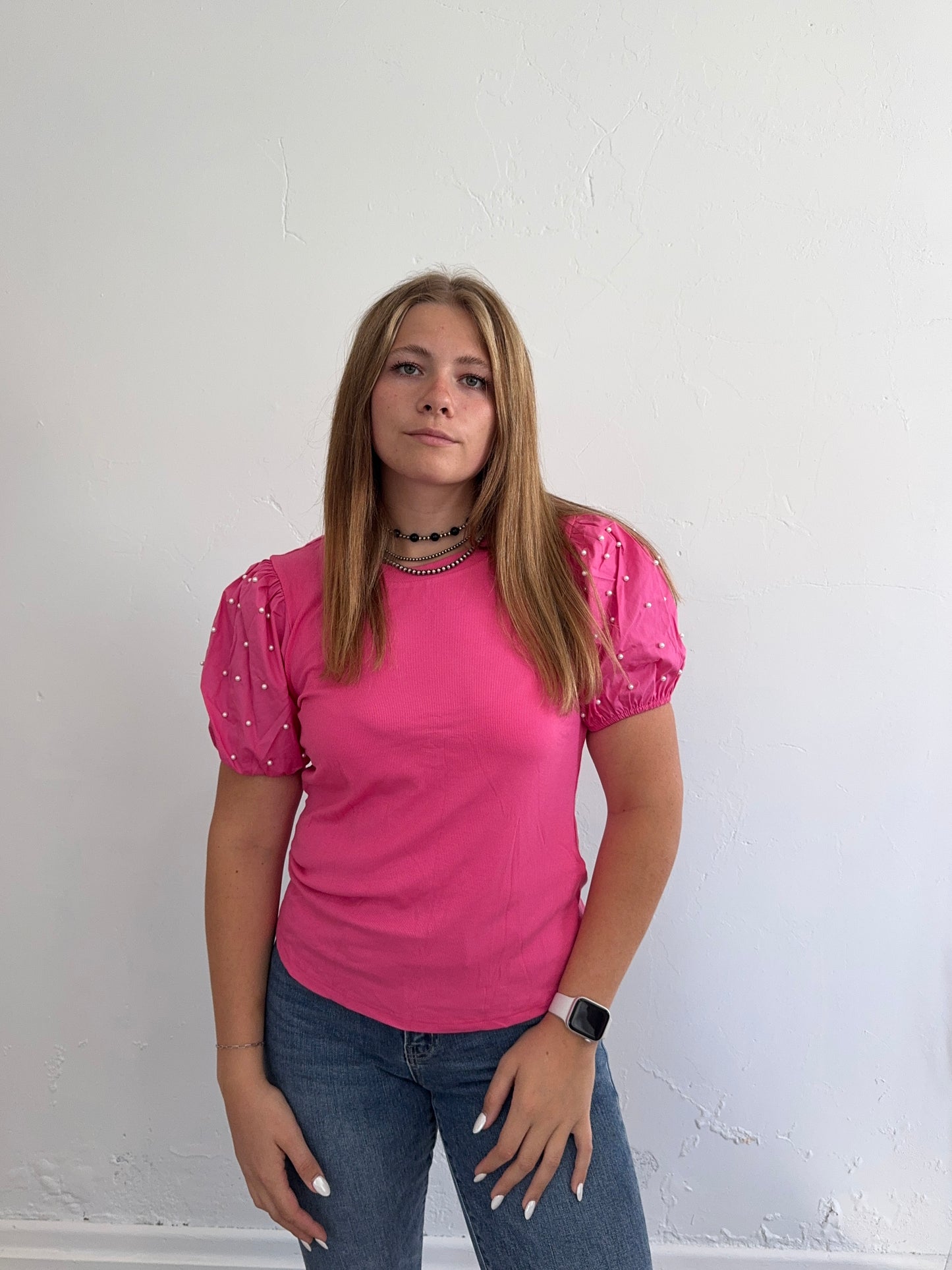 Hot Pink Beaded Puff Sleeve Top