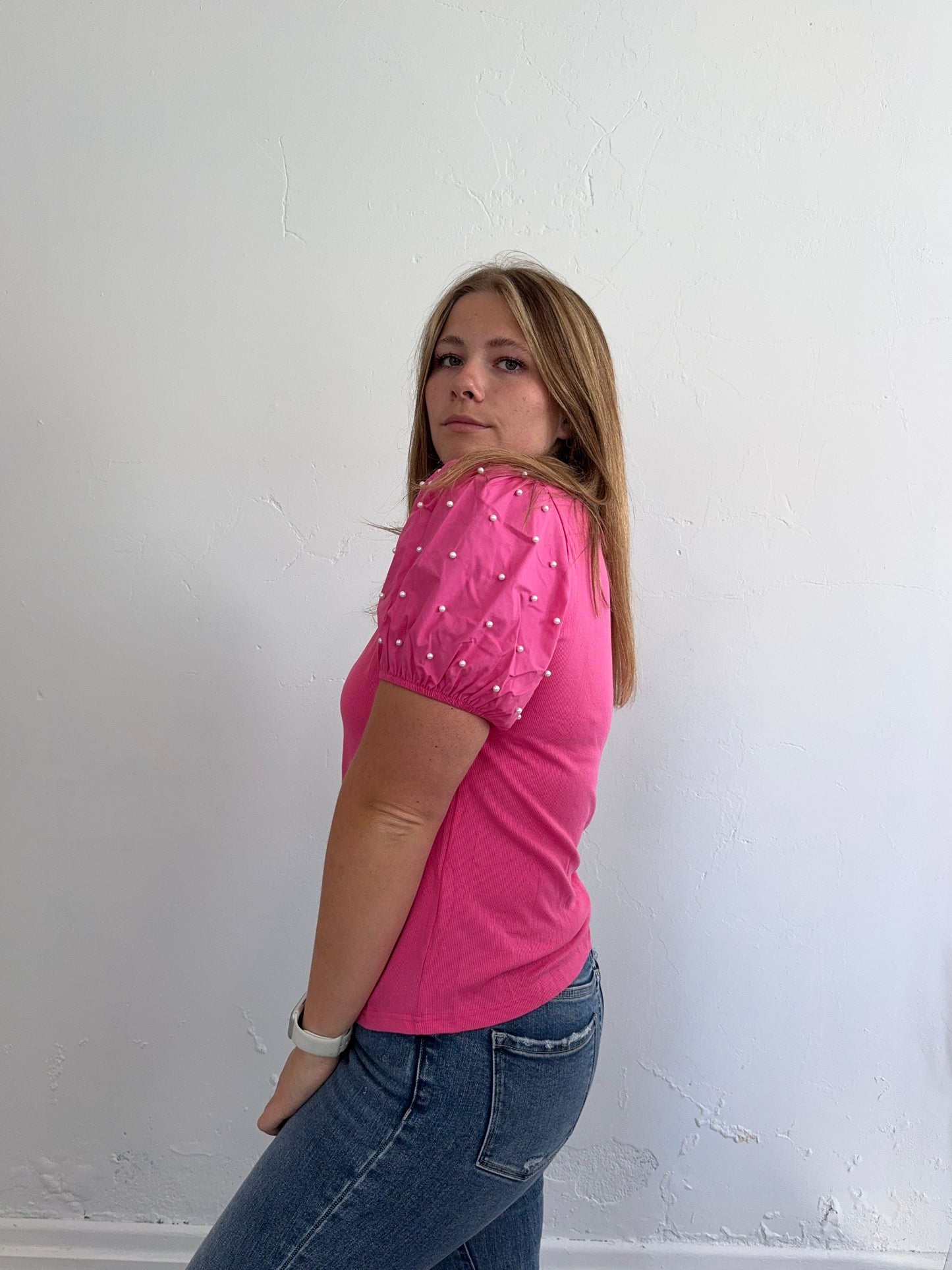 Hot Pink Beaded Puff Sleeve Top