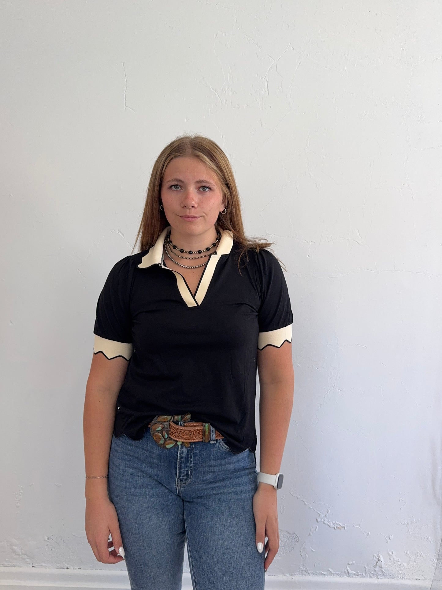 Black and Cream V Neck Puff Sleeve Blouse