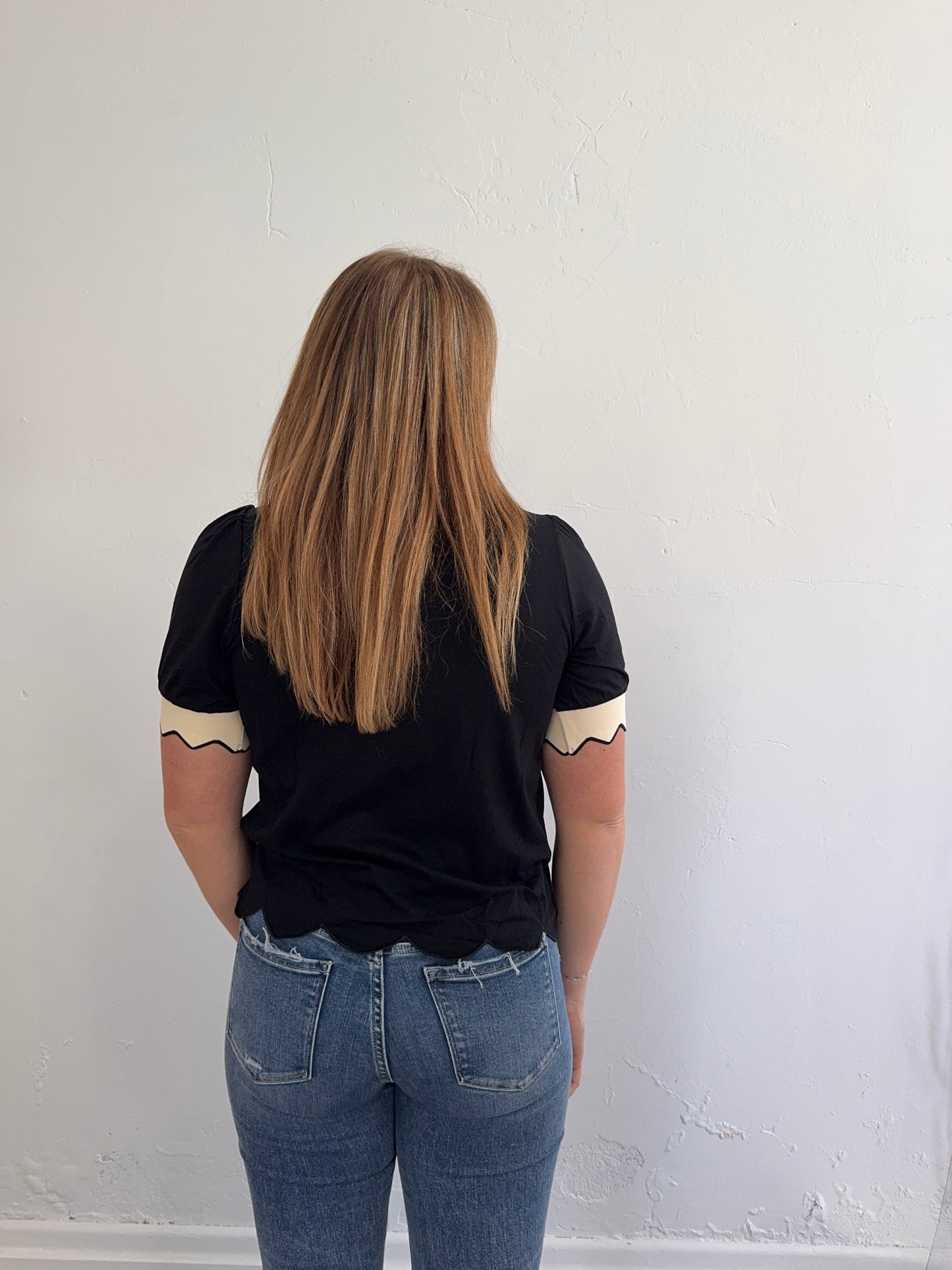 Black and Cream V Neck Puff Sleeve Blouse