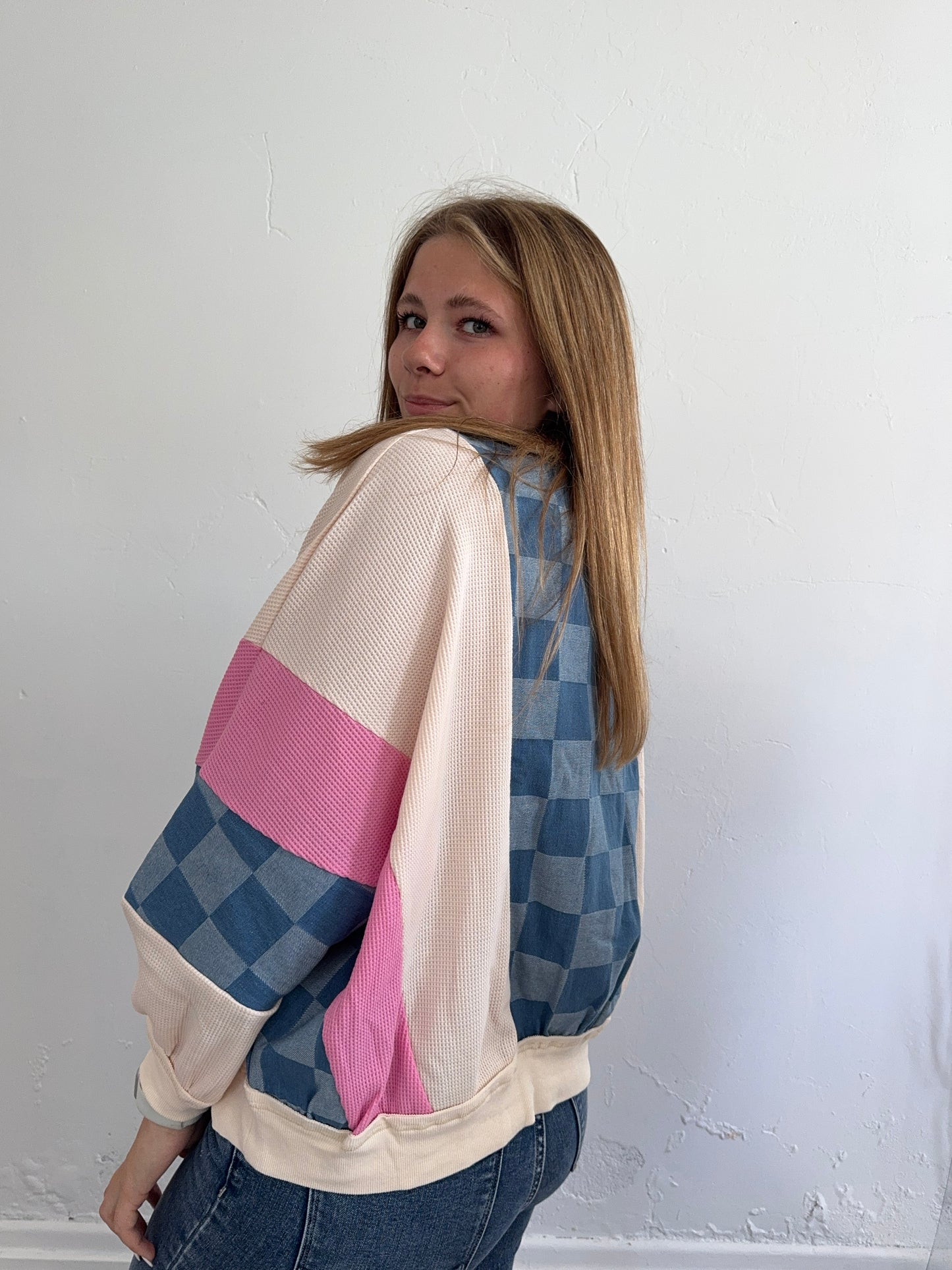 Multicolored Denim Checkered Crewneck Sweatshirt