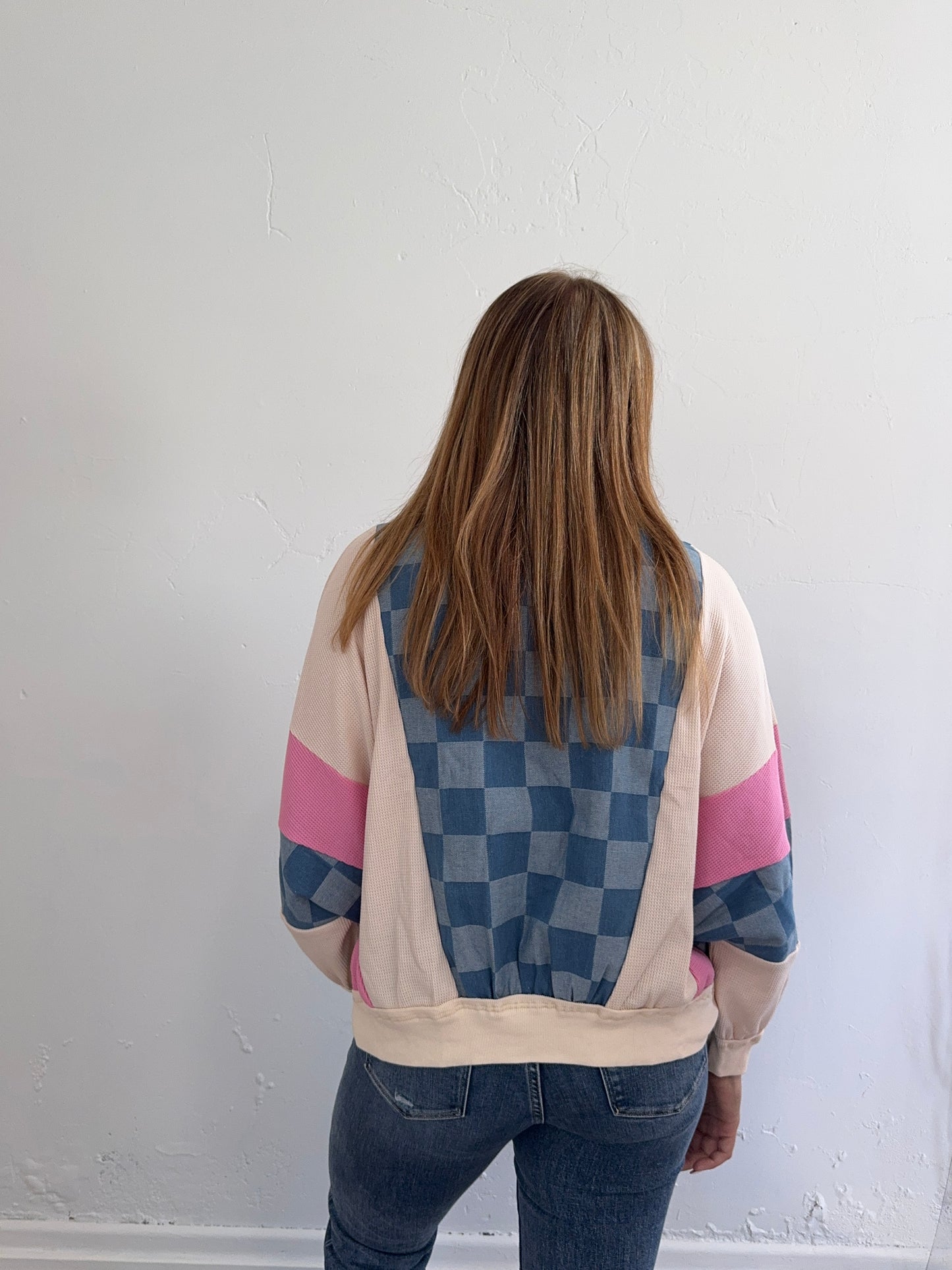Multicolored Denim Checkered Crewneck Sweatshirt