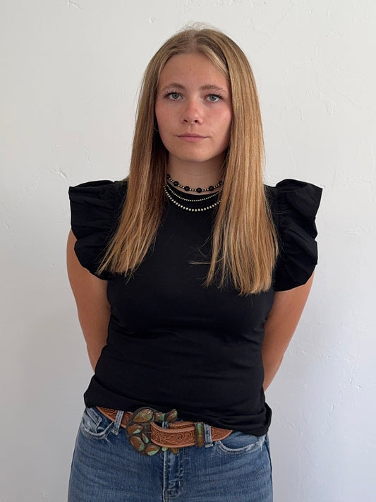 Black Ruffle Sleeve Fitted Top