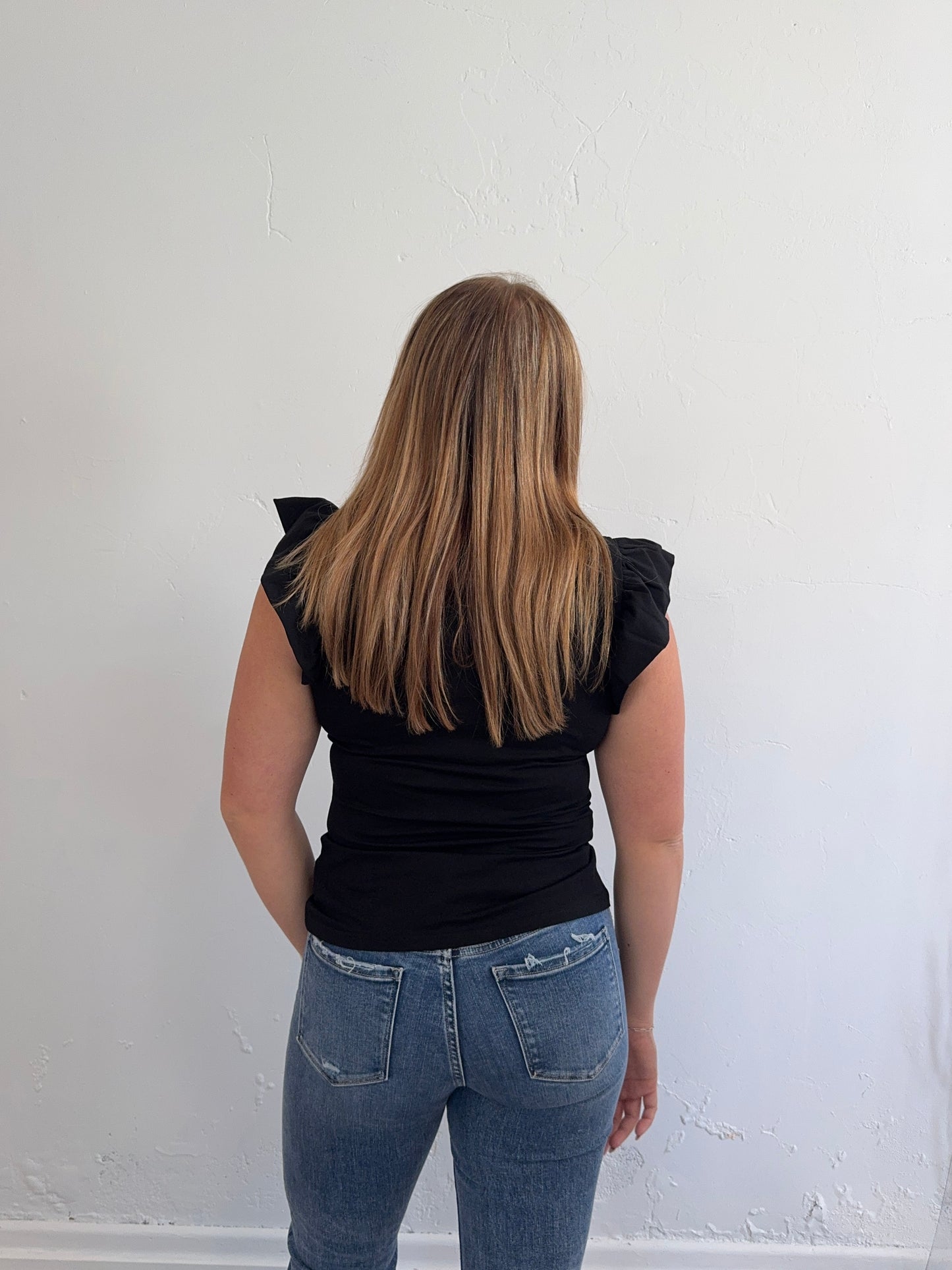 Black Ruffle Sleeve Fitted Top