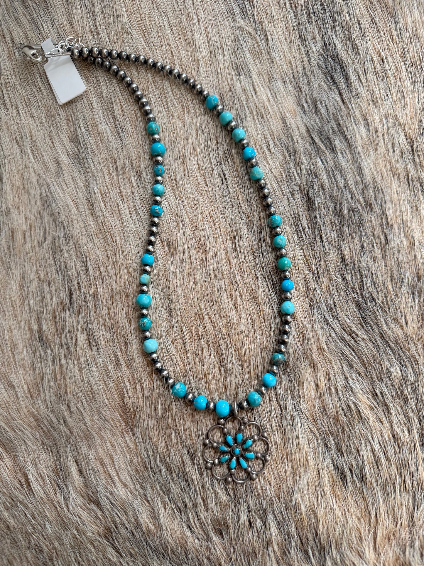 16.5" Turquoise Necklace with Vintage Needlepoint Pendant