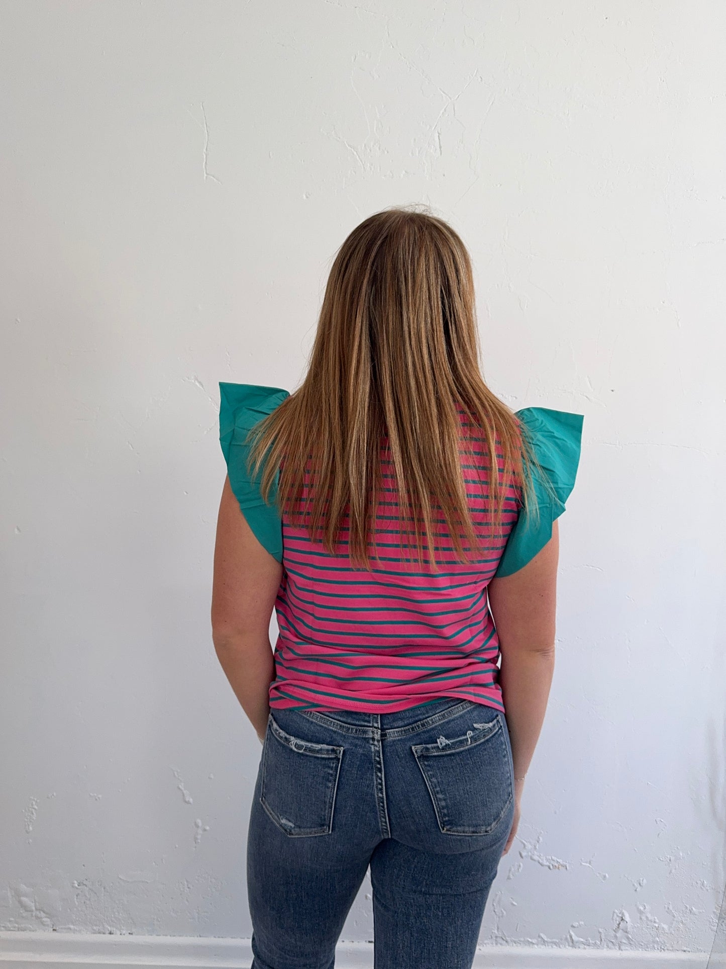 Pink and Teal Striped Ruffle Sleeve Top