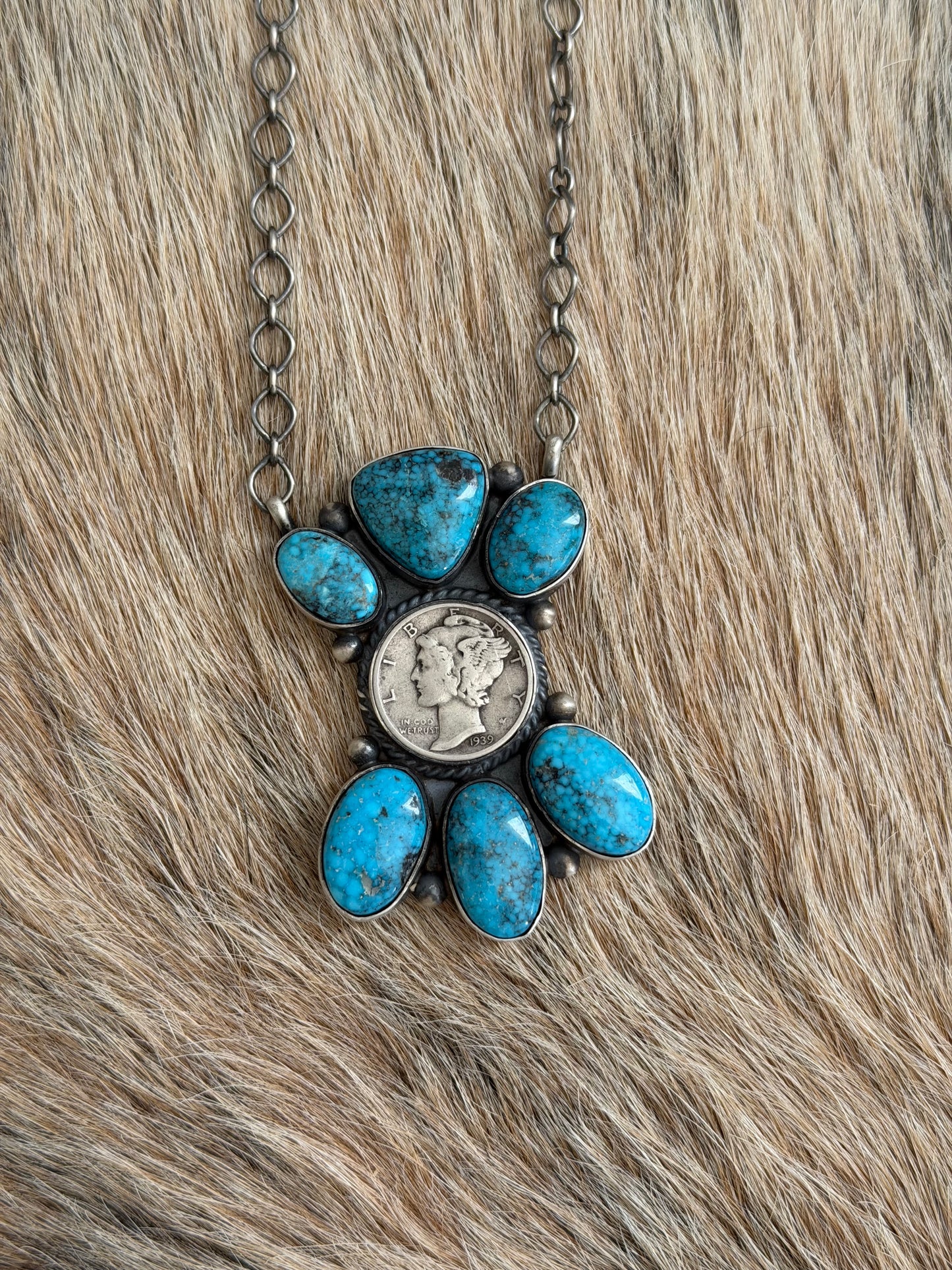 Turquoise Mercury Dime Cluster Necklace