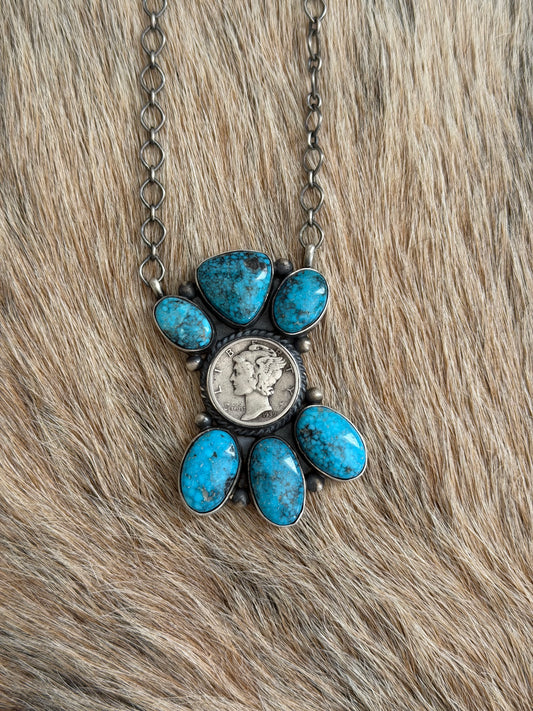 Turquoise Mercury Dime Cluster Necklace