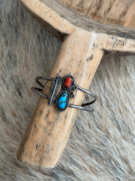 Vintage Turquoise and Red Coral Cuff