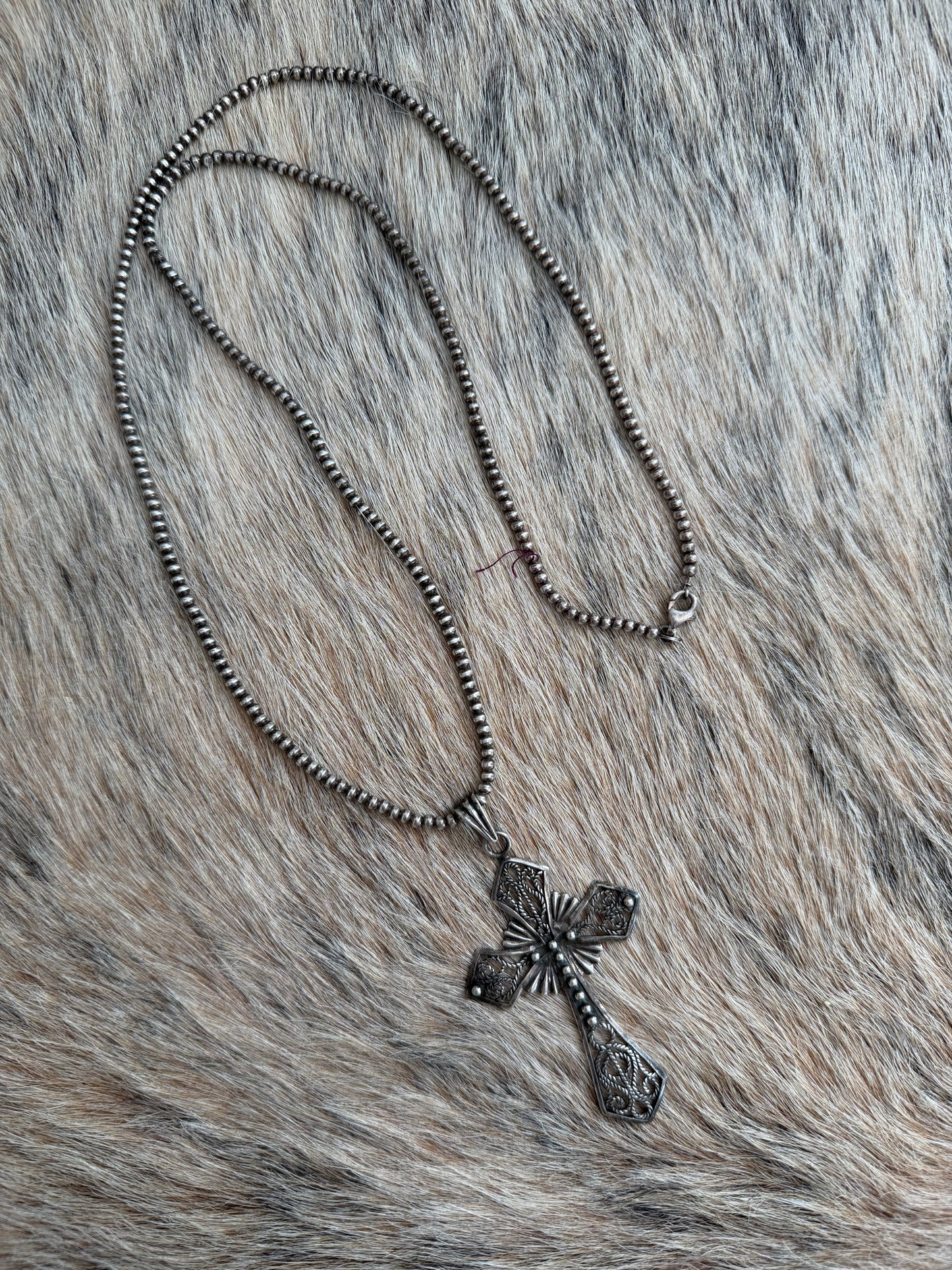 Vintage 28" 3mm Sterling Pearl Necklace with Cross Pendant
