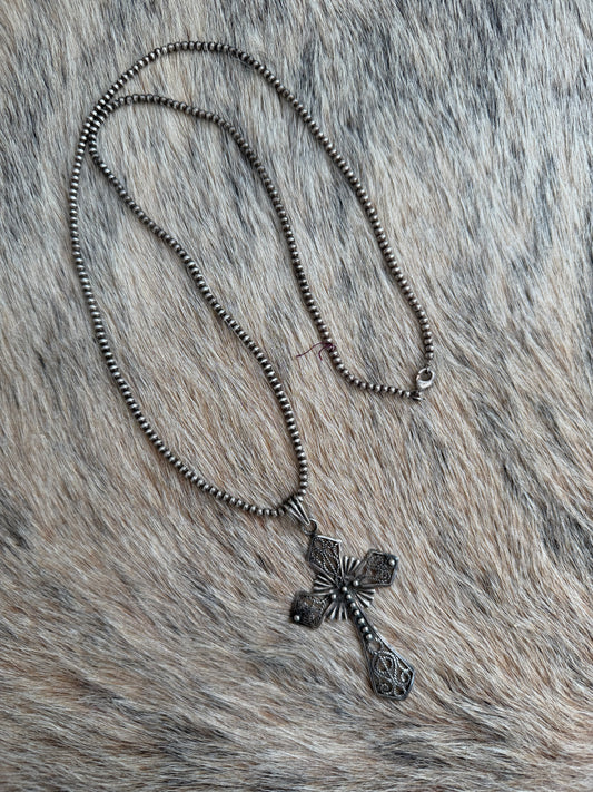 Vintage 28" 3mm Sterling Pearl Necklace with Cross Pendant