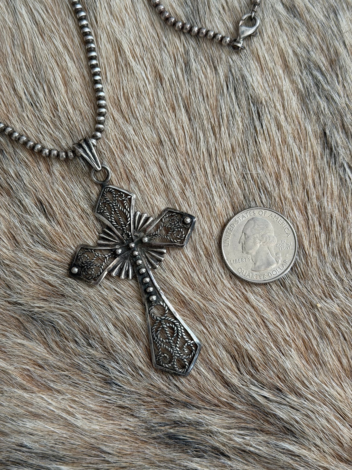 Vintage 28" 3mm Sterling Pearl Necklace with Cross Pendant