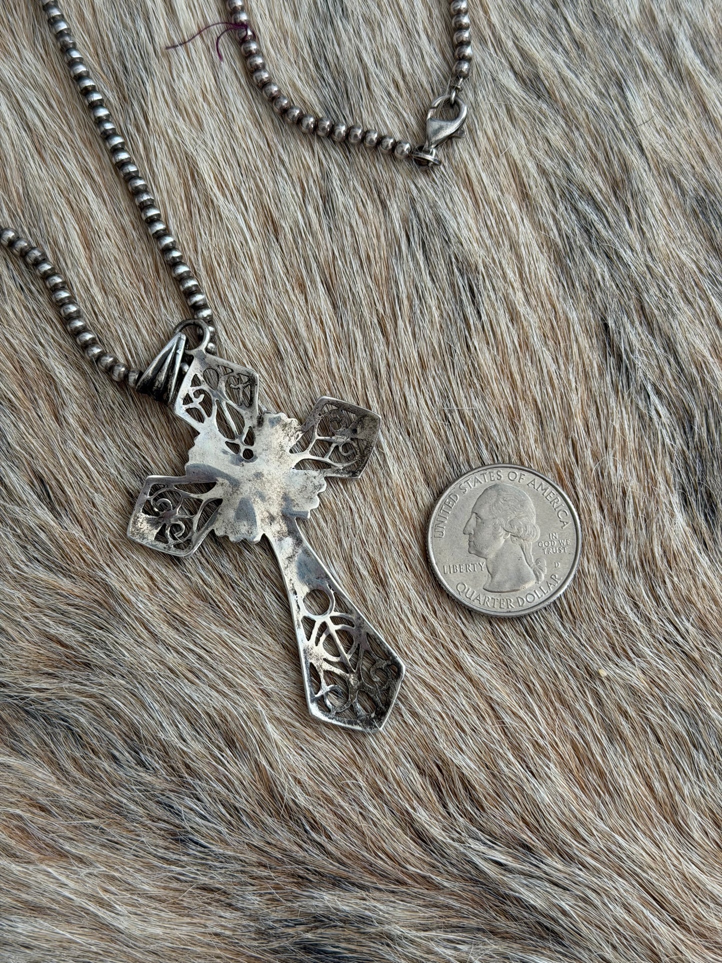 Vintage 28" 3mm Sterling Pearl Necklace with Cross Pendant