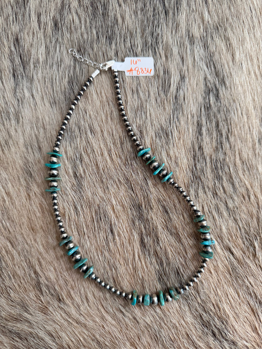 16" 4-7mm Sterling Pearl and Turquoise Necklace