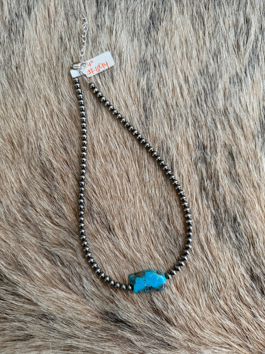 14" 4mm Sterling Pearl and Kingman Turquoise Slab Necklace
