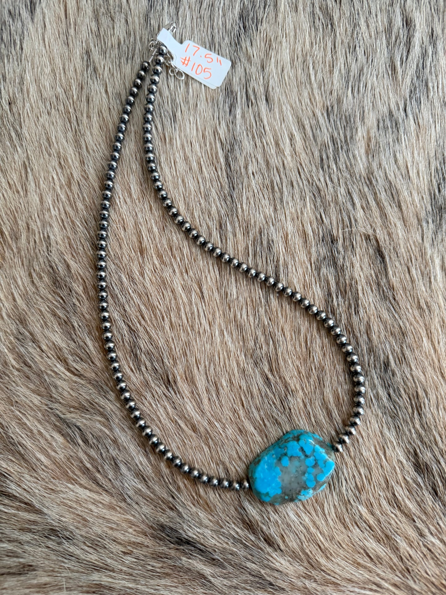 17.5" 4mm Sterling Pearl and Kingman Turquoise Slab Necklace