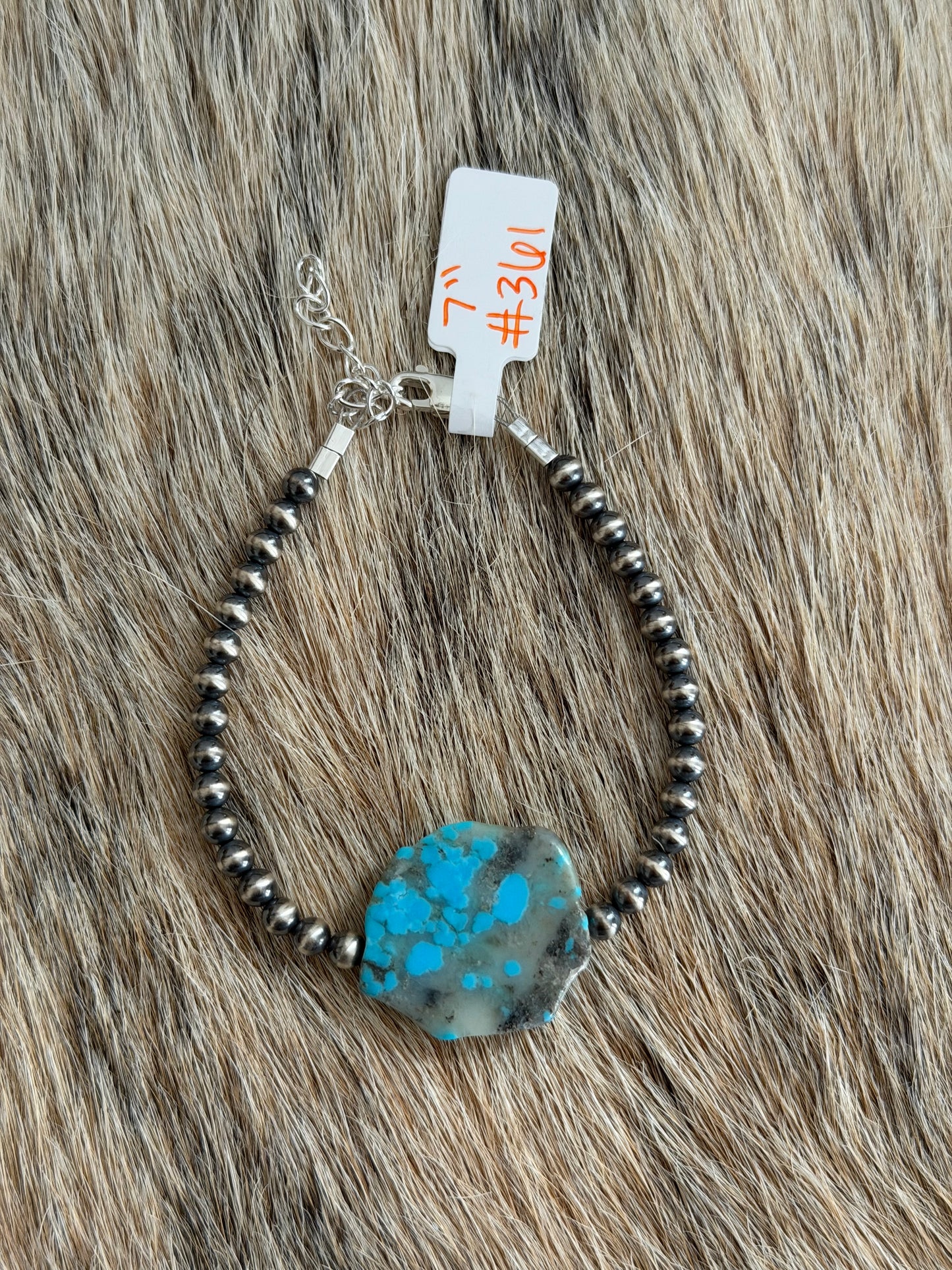 7" 4mm Sterling Pearl and Kingman Turquoise Slab Bracelet