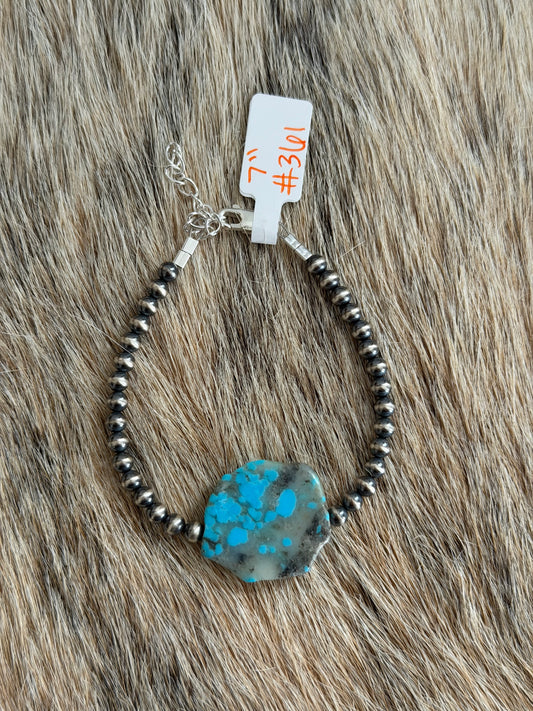 7" 4mm Sterling Pearl and Kingman Turquoise Slab Bracelet