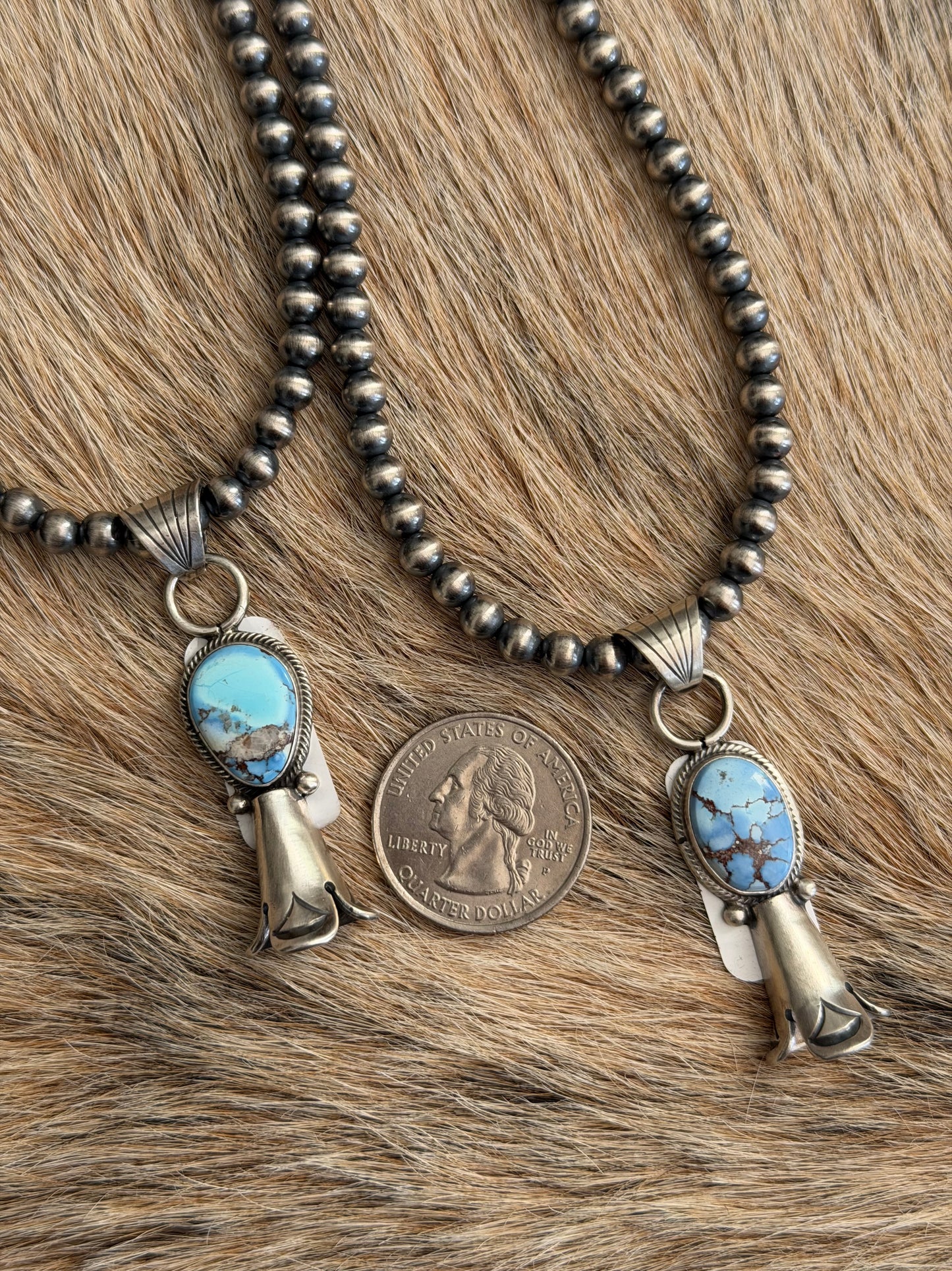 5mm 16" Sterling Pearl Necklace with Golden Hills Turquoise Pendant