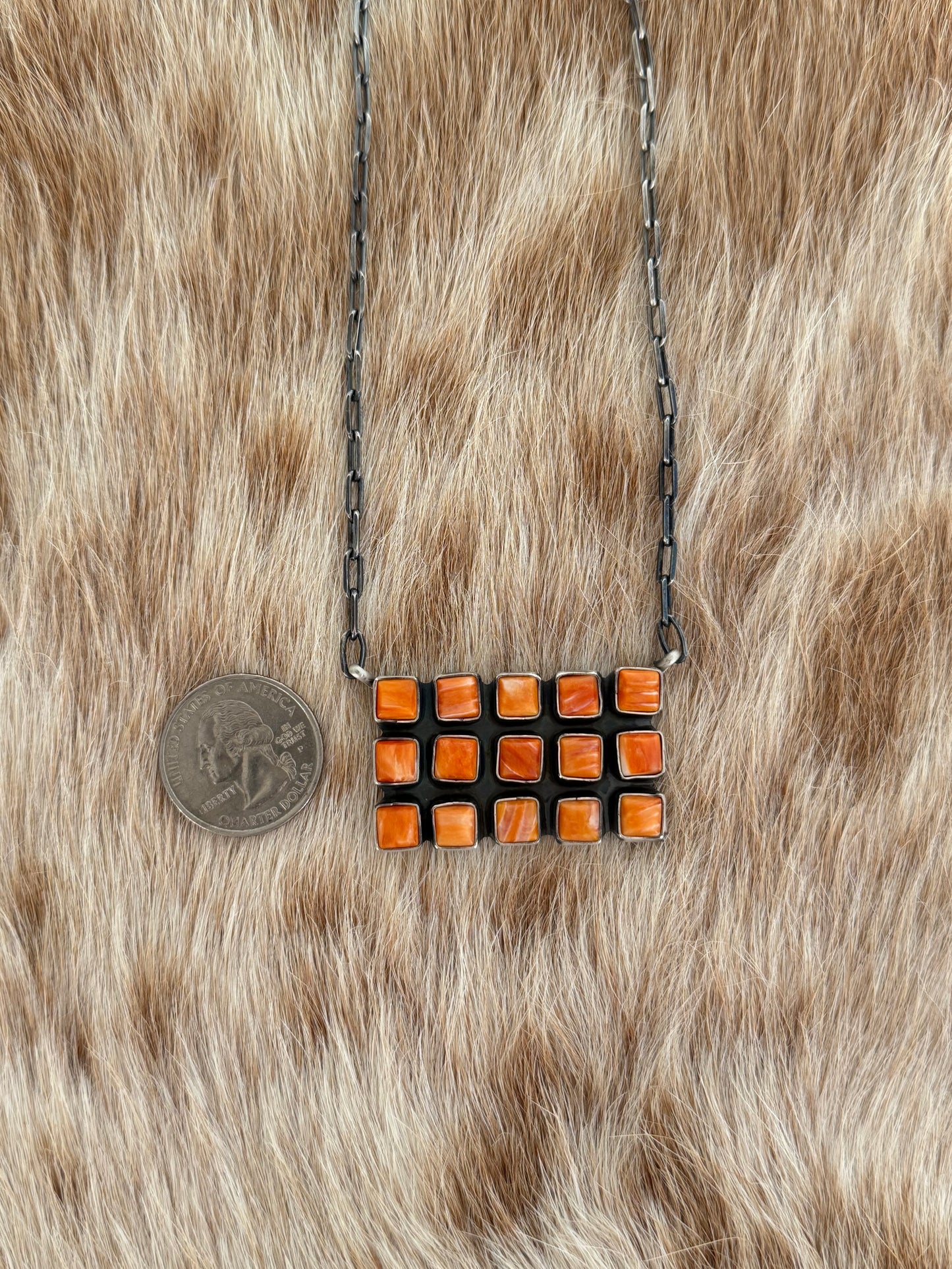 Orange Spiny Oyster Shell Cluster Bar Necklace