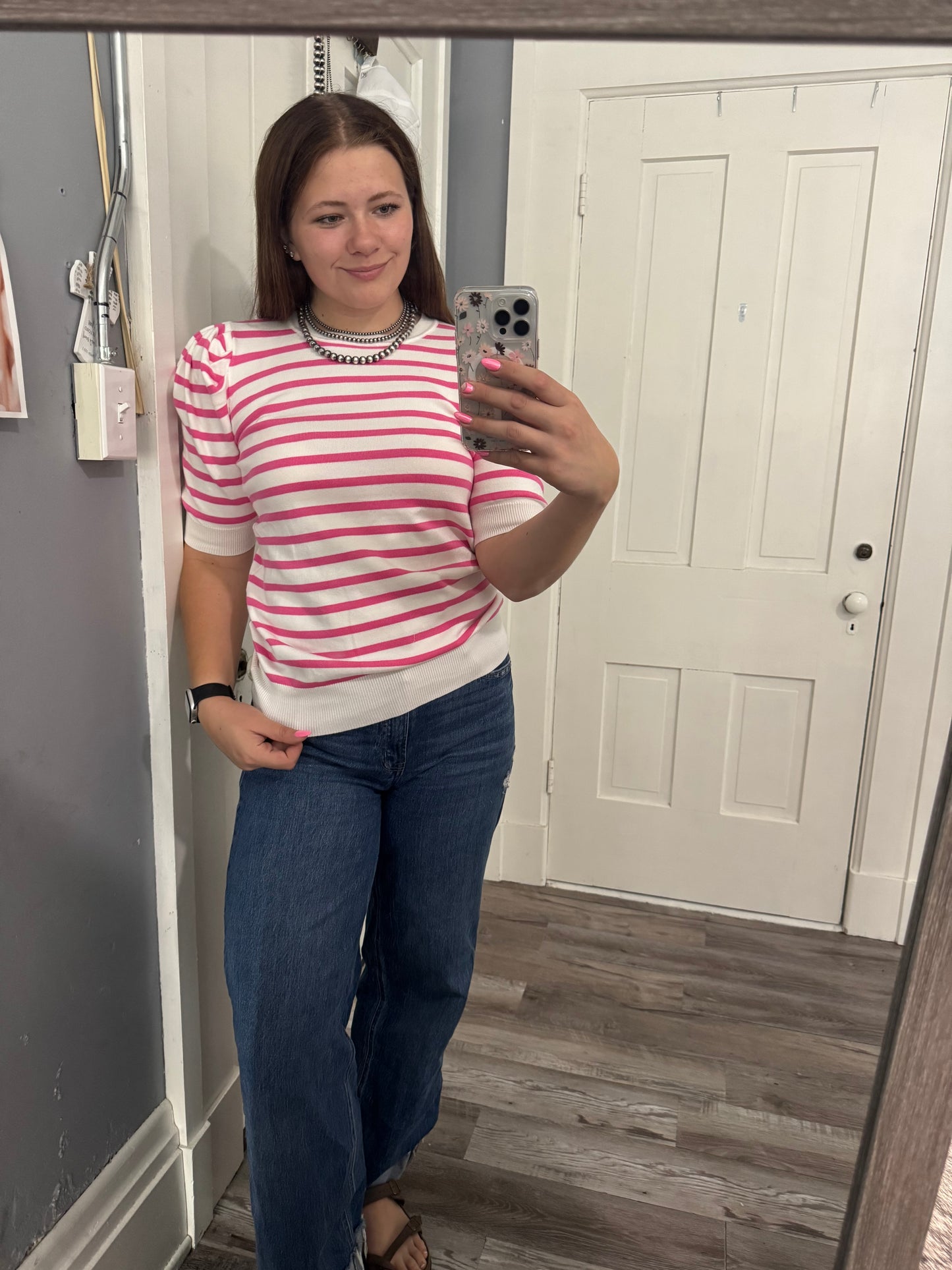 Pink and White Striped Crewneck Puff Sleeve Sweater Tee