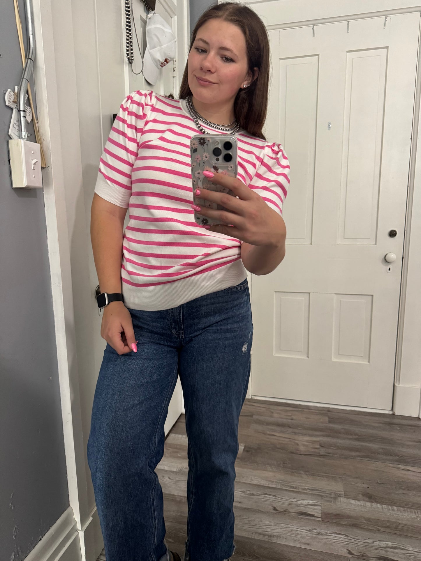 Pink and White Striped Crewneck Puff Sleeve Sweater Tee