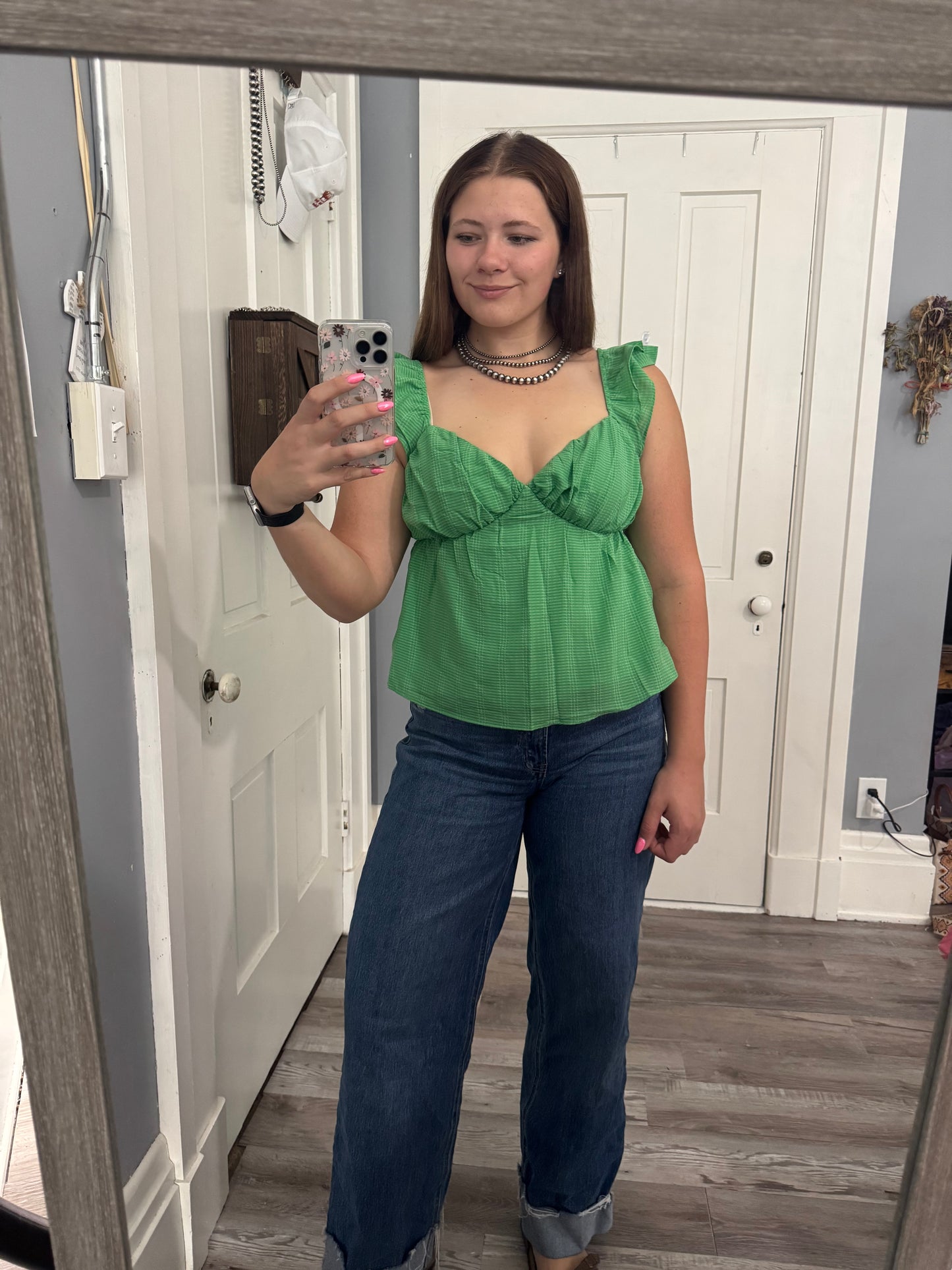 Green Ruffle Sleeve Tank