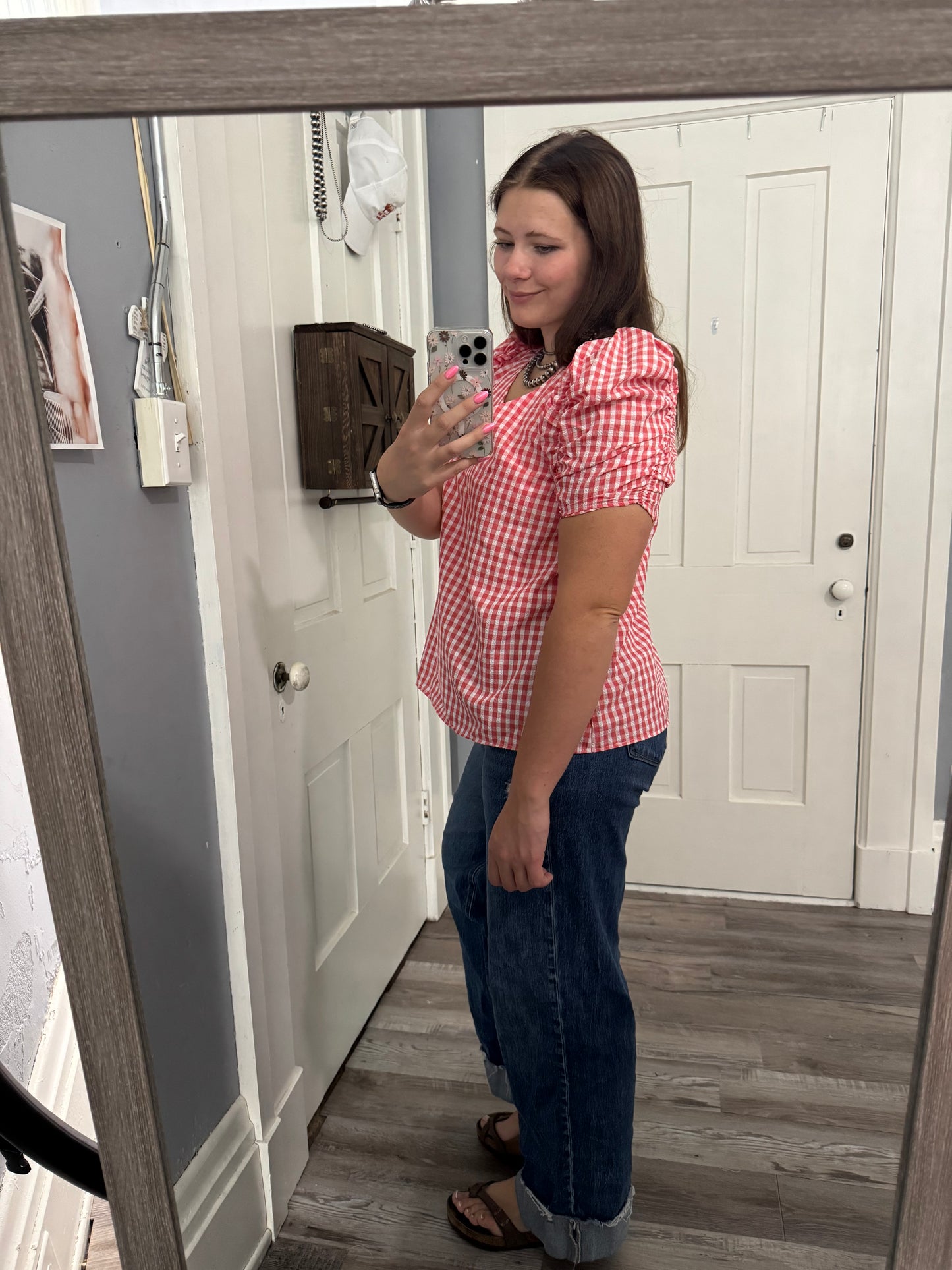 Red and White Gingham Print Puff Sleeve Top