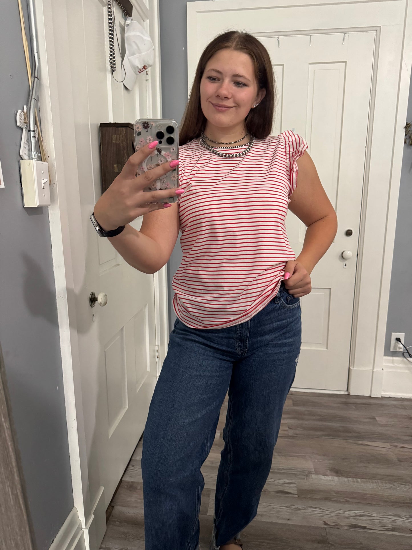 Red and White Striped Ruffle Sleeve Top