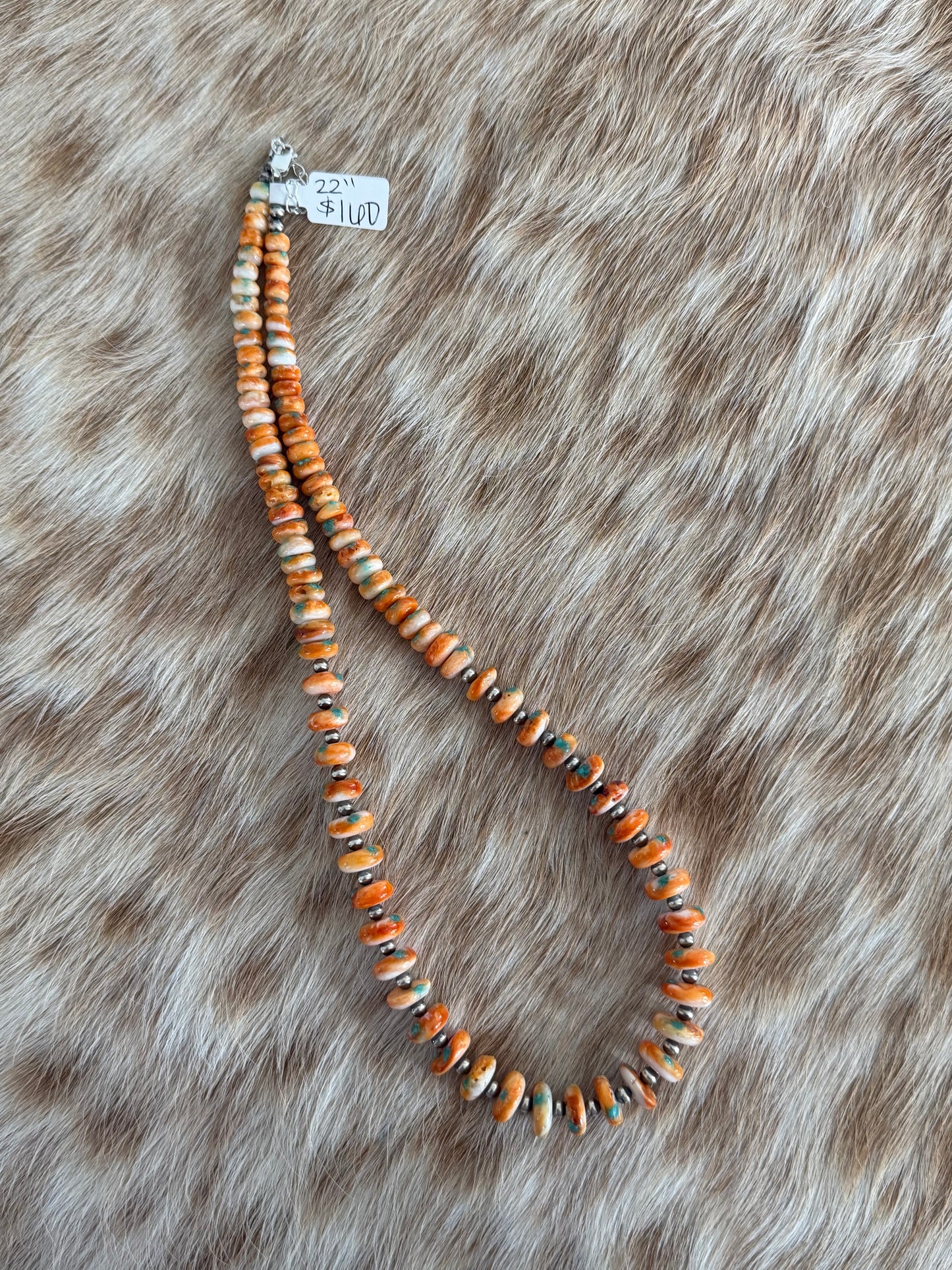 22" Turquoise Inlay Orange Spiny Graduated Necklace