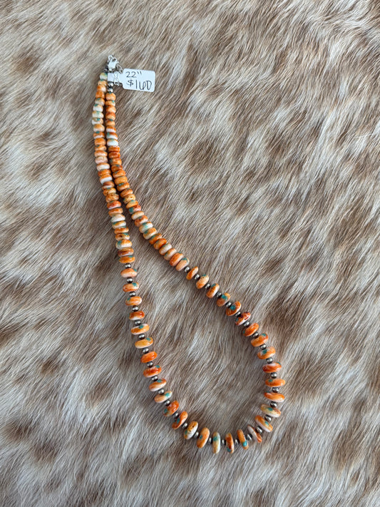 22" Turquoise Inlay Orange Spiny Graduated Necklace