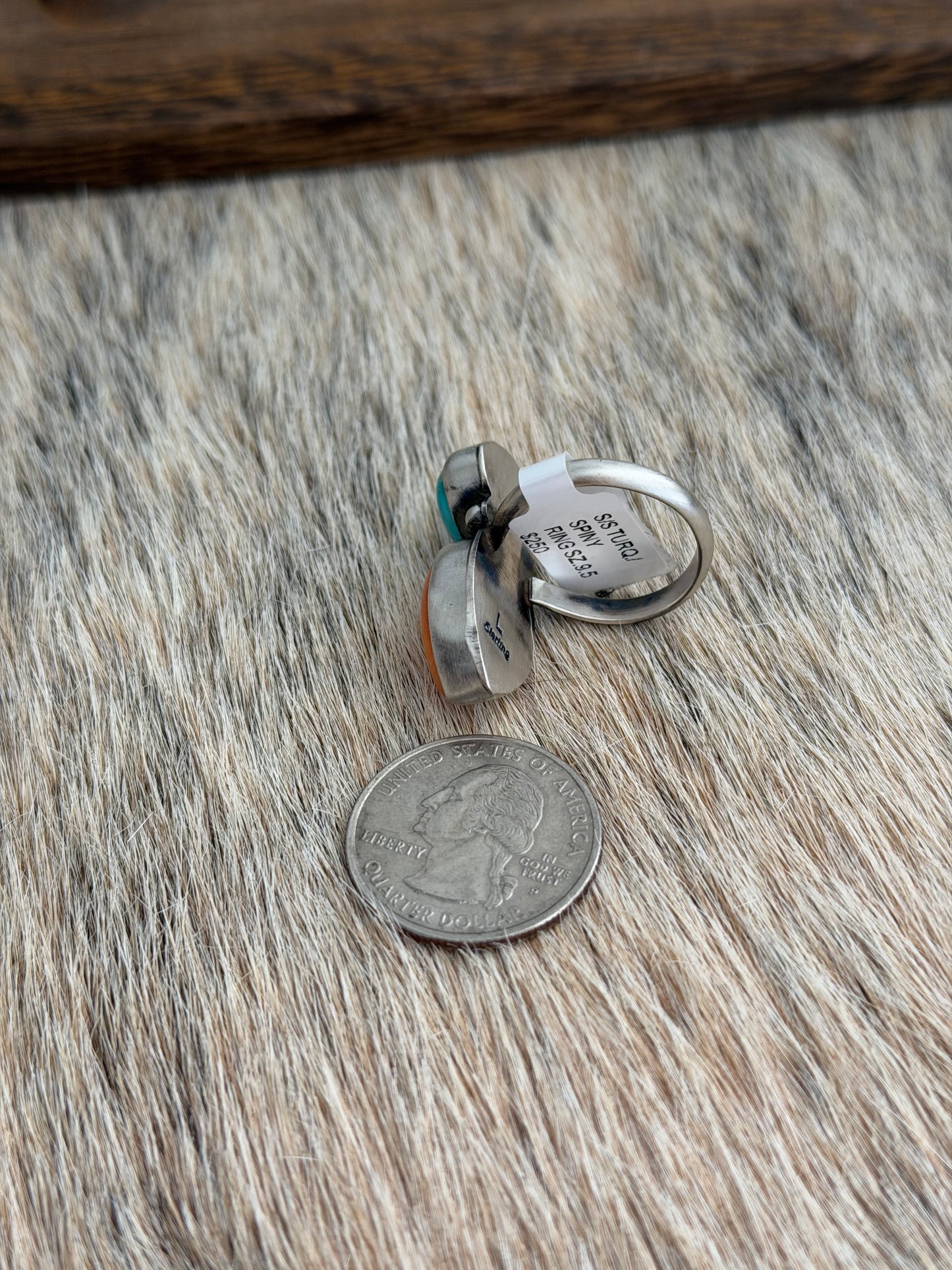 Size 9.5 Turquoise and Orange Spiny Oyster Shell Cluster Ring