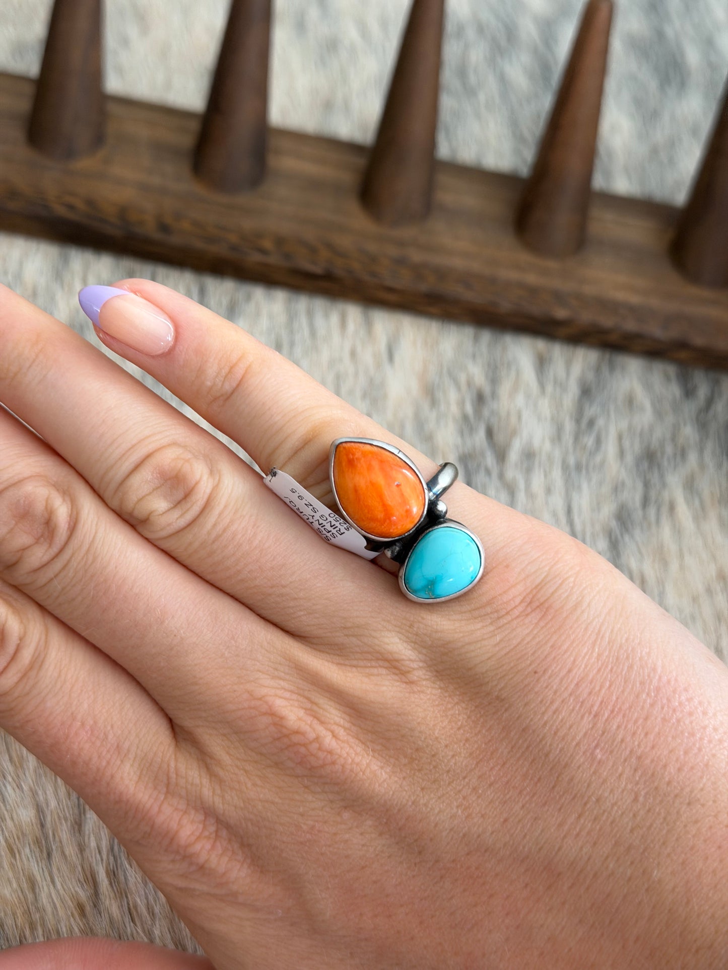 Size 9.5 Turquoise and Orange Spiny Oyster Shell Cluster Ring