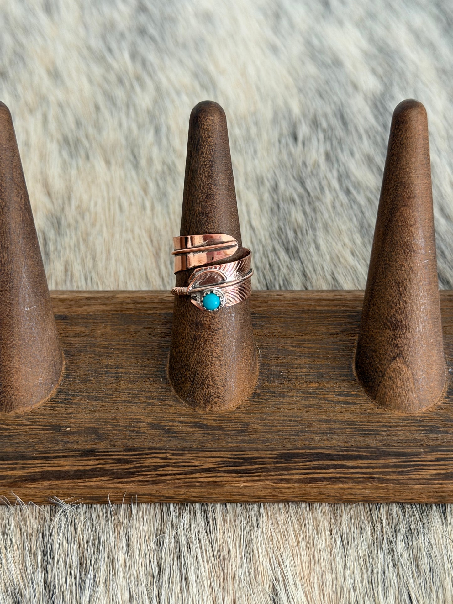 Adjustable Kingman Turquoise and Copper Feather Wrap Ring