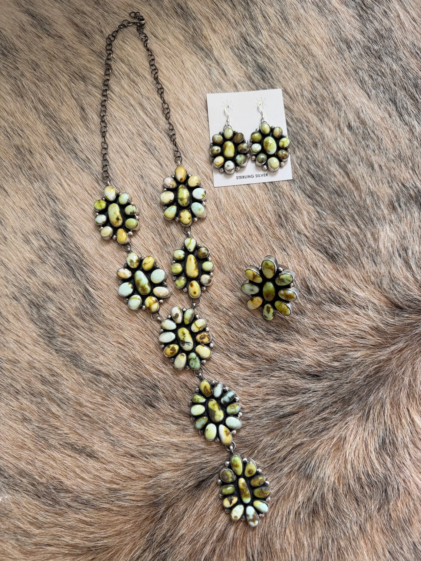 Palomino Variscite Lariat Necklace, Earrings, and Ring Set