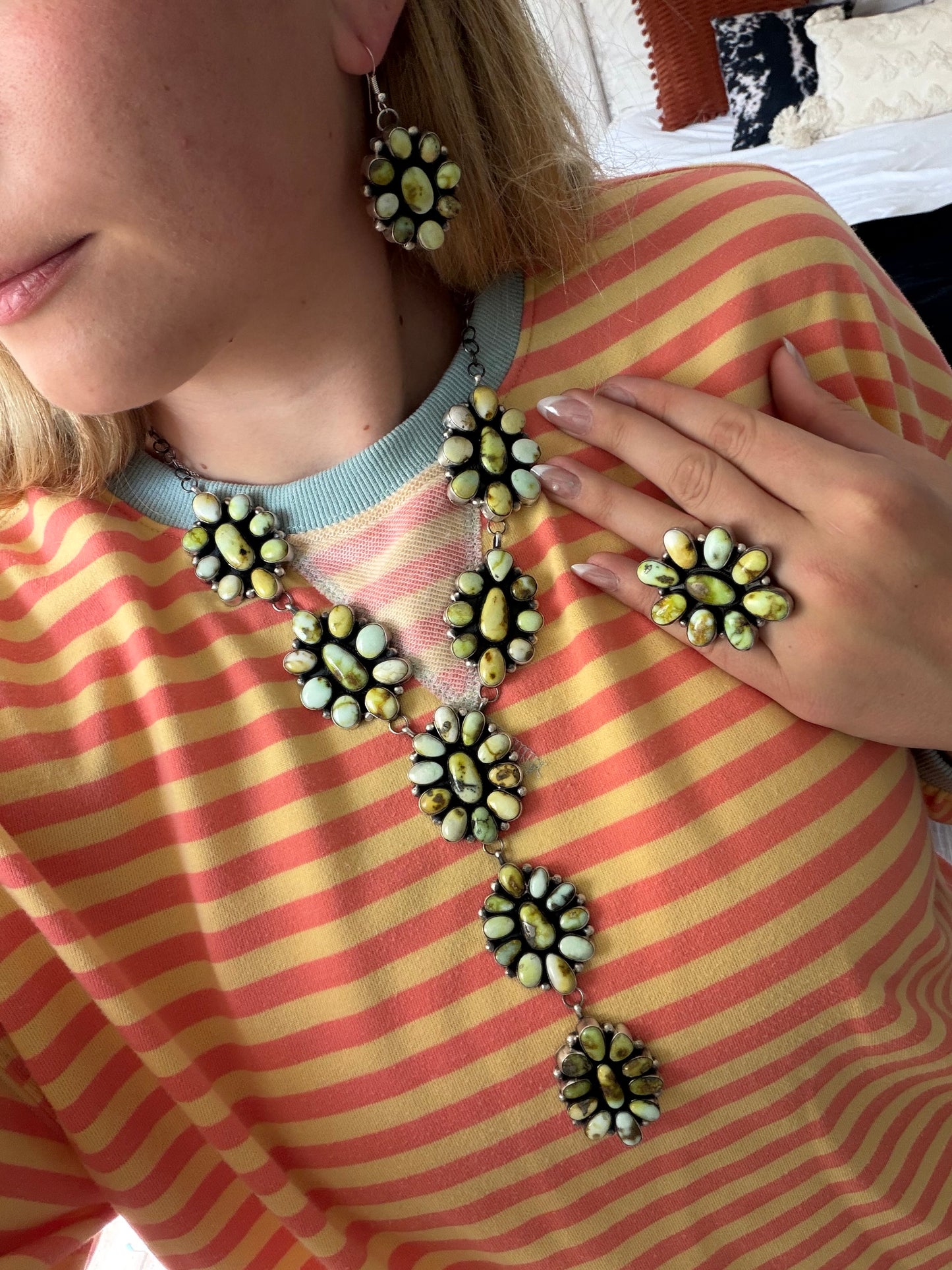 Palomino Variscite Lariat Necklace, Earrings, and Ring Set
