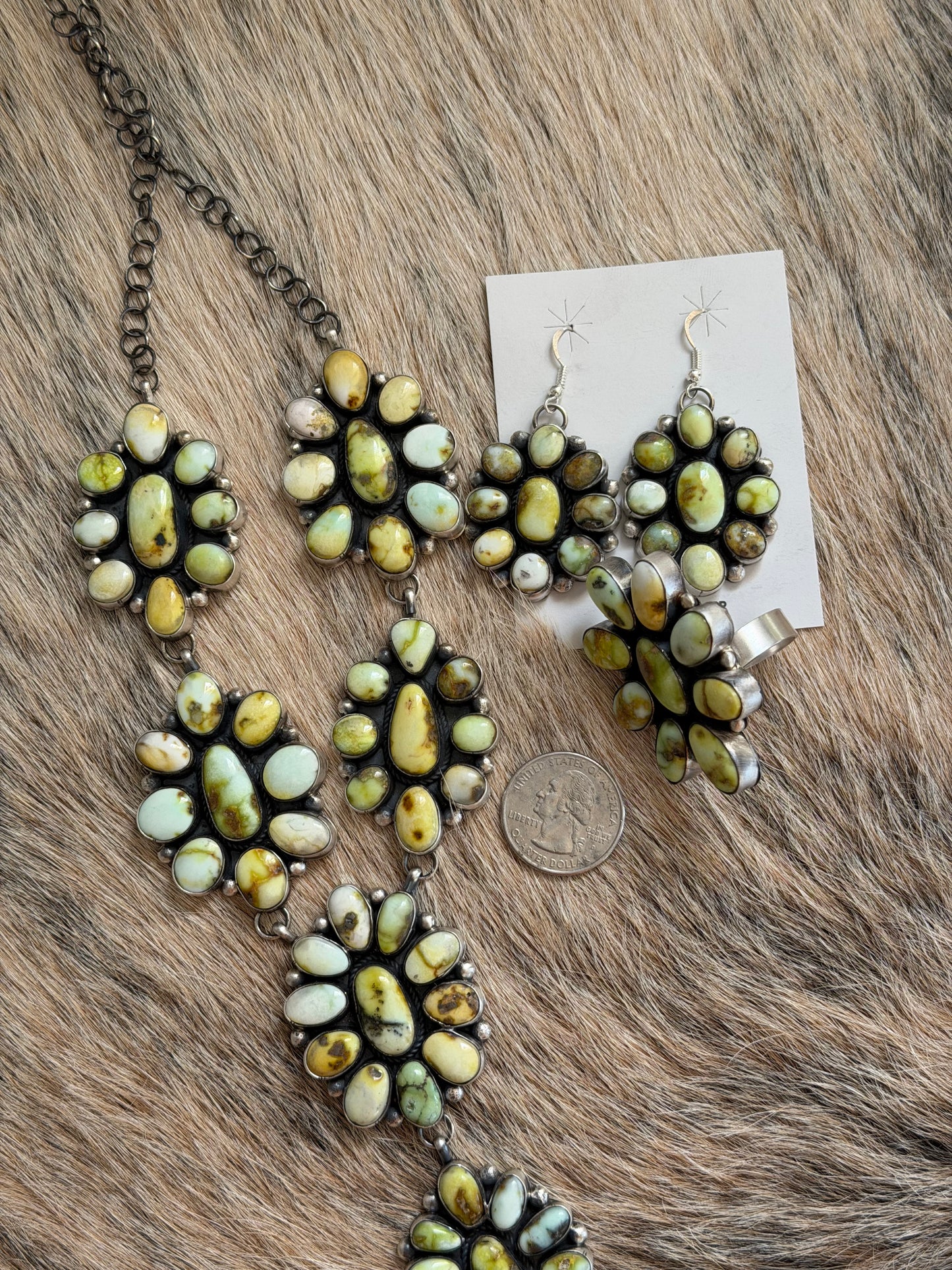 Palomino Variscite Lariat Necklace, Earrings, and Ring Set